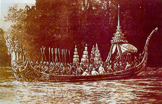 ภาพวาดเรือพระที่นั่งอนันตนาคราช วาดโดยศิลปินชาวฝรั่งเศส